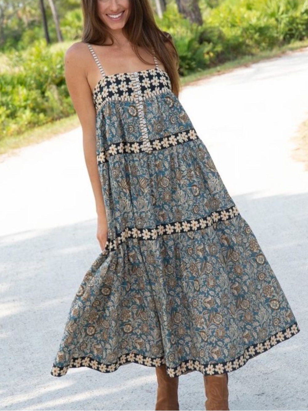 Natural Life Teal Mixed Floral Daisy Tiered Cotton Maxi Dress XS